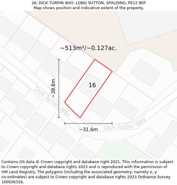 16, DICK TURPIN WAY, LONG SUTTON, SPALDING, PE12 9EP: Plot and title map