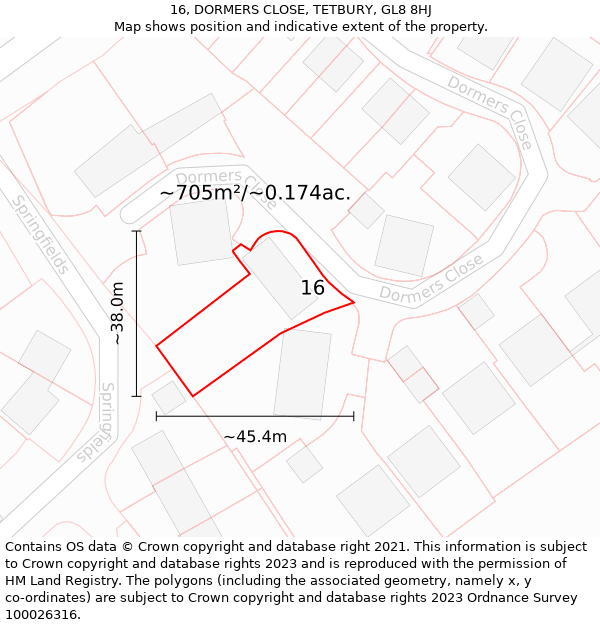 16, DORMERS CLOSE, TETBURY, GL8 8HJ: Plot and title map