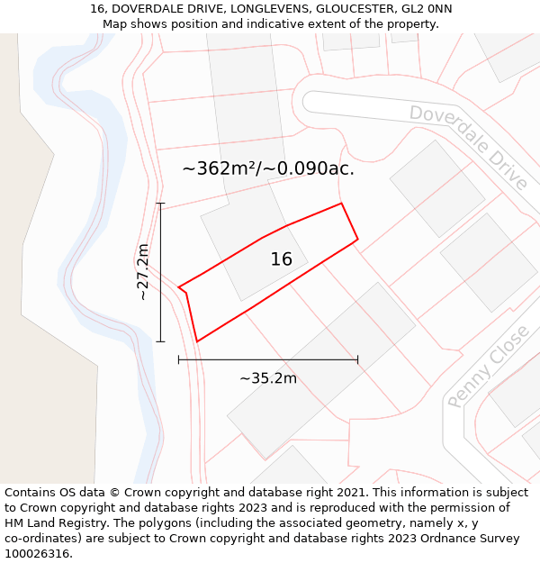 16, DOVERDALE DRIVE, LONGLEVENS, GLOUCESTER, GL2 0NN: Plot and title map