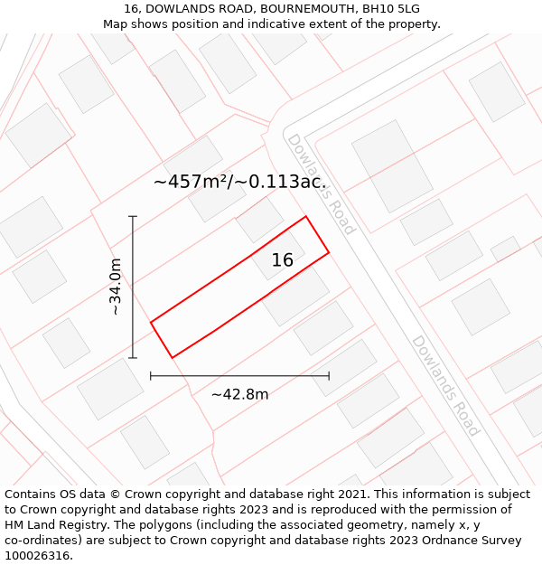 16, DOWLANDS ROAD, BOURNEMOUTH, BH10 5LG: Plot and title map