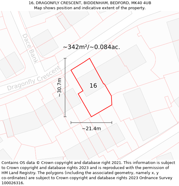 16, DRAGONFLY CRESCENT, BIDDENHAM, BEDFORD, MK40 4UB: Plot and title map