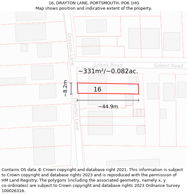 16, DRAYTON LANE, PORTSMOUTH, PO6 1HG: Plot and title map