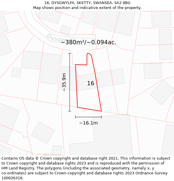 16, DYSGWYLFA, SKETTY, SWANSEA, SA2 9BG: Plot and title map