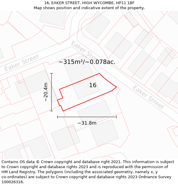 16, EAKER STREET, HIGH WYCOMBE, HP11 1BF: Plot and title map