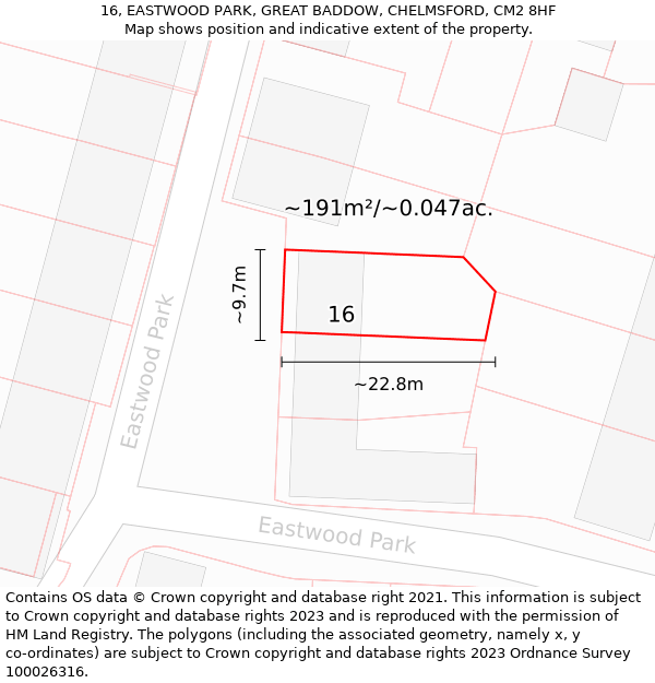 16, EASTWOOD PARK, GREAT BADDOW, CHELMSFORD, CM2 8HF: Plot and title map