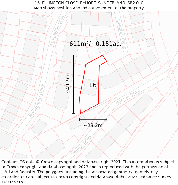 16, ELLINGTON CLOSE, RYHOPE, SUNDERLAND, SR2 0LG: Plot and title map