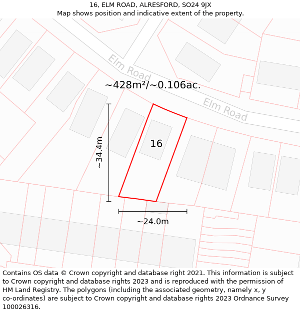 16, ELM ROAD, ALRESFORD, SO24 9JX: Plot and title map