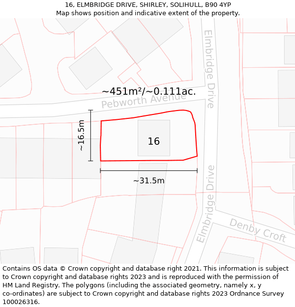 16, ELMBRIDGE DRIVE, SHIRLEY, SOLIHULL, B90 4YP: Plot and title map