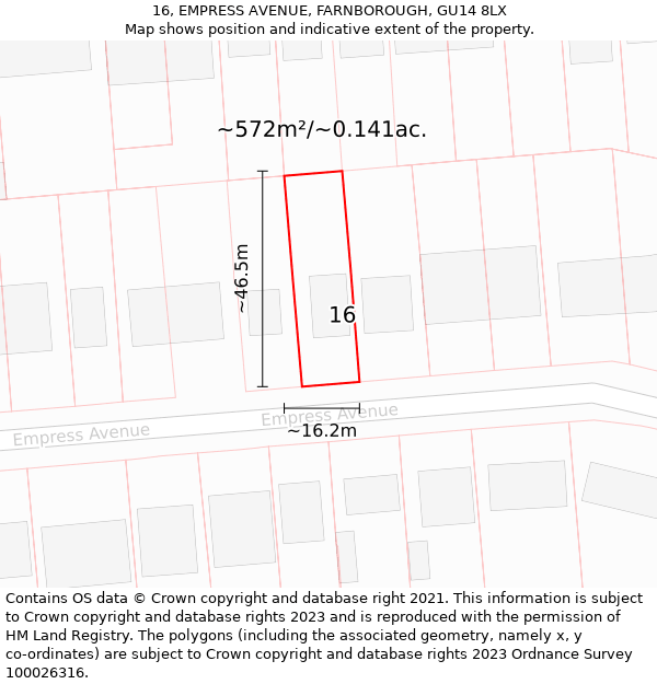 16, EMPRESS AVENUE, FARNBOROUGH, GU14 8LX: Plot and title map