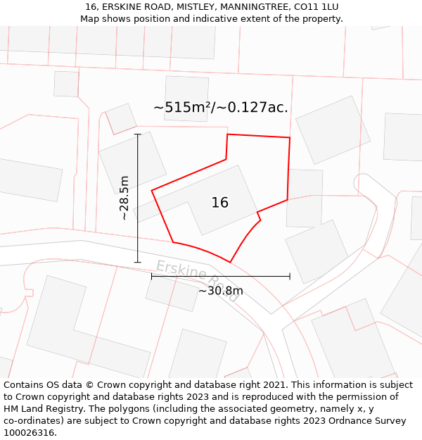 16, ERSKINE ROAD, MISTLEY, MANNINGTREE, CO11 1LU: Plot and title map