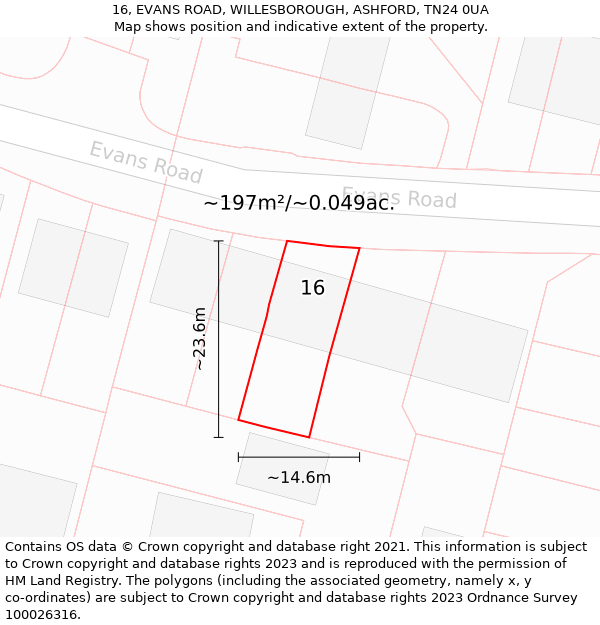 16, EVANS ROAD, WILLESBOROUGH, ASHFORD, TN24 0UA: Plot and title map