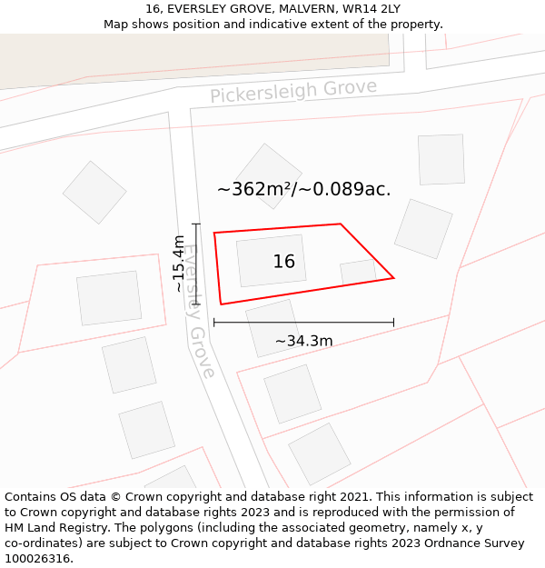 16, EVERSLEY GROVE, MALVERN, WR14 2LY: Plot and title map