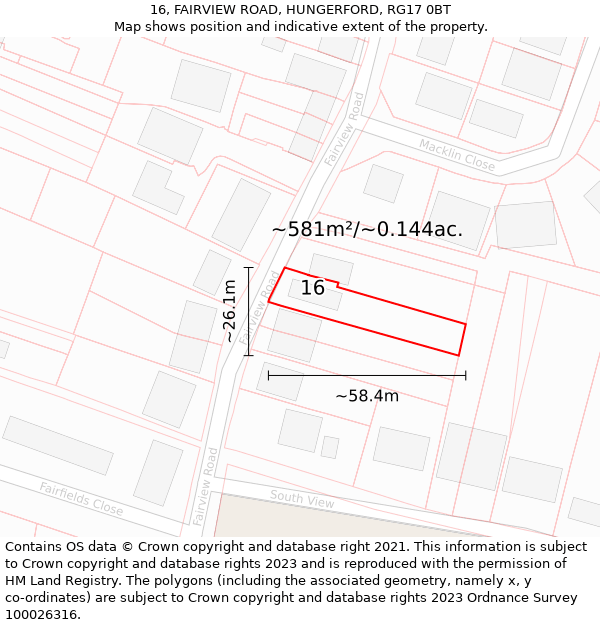 16, FAIRVIEW ROAD, HUNGERFORD, RG17 0BT: Plot and title map