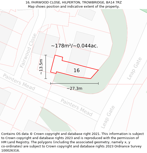 16, FAIRWOOD CLOSE, HILPERTON, TROWBRIDGE, BA14 7RZ: Plot and title map