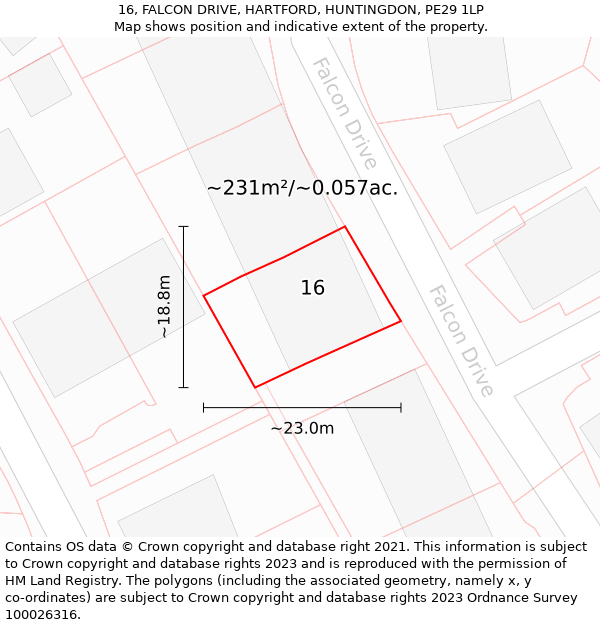 16, FALCON DRIVE, HARTFORD, HUNTINGDON, PE29 1LP: Plot and title map