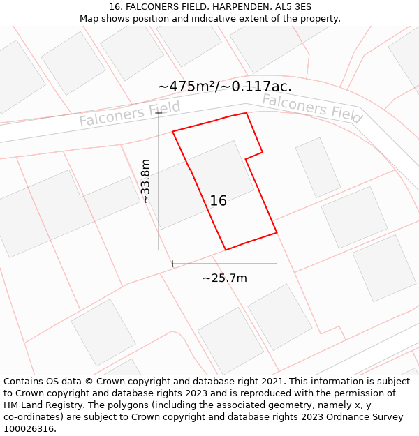 16, FALCONERS FIELD, HARPENDEN, AL5 3ES: Plot and title map