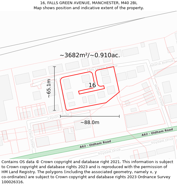 16, FALLS GREEN AVENUE, MANCHESTER, M40 2BL: Plot and title map