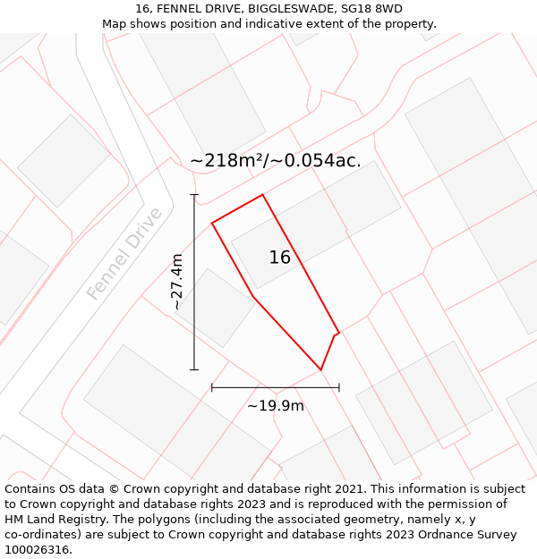 16, FENNEL DRIVE, BIGGLESWADE, SG18 8WD: Plot and title map