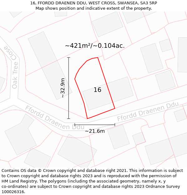 16, FFORDD DRAENEN DDU, WEST CROSS, SWANSEA, SA3 5RP: Plot and title map