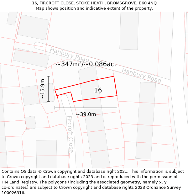 16, FIRCROFT CLOSE, STOKE HEATH, BROMSGROVE, B60 4NQ: Plot and title map