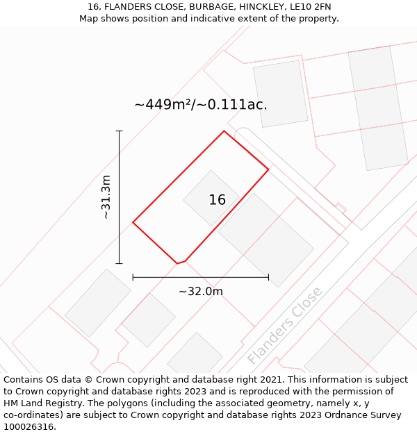 16, FLANDERS CLOSE, BURBAGE, HINCKLEY, LE10 2FN: Plot and title map