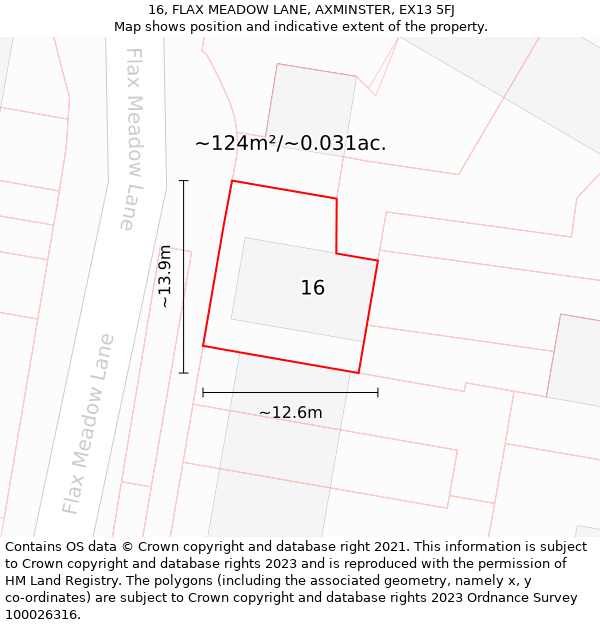 16, FLAX MEADOW LANE, AXMINSTER, EX13 5FJ: Plot and title map