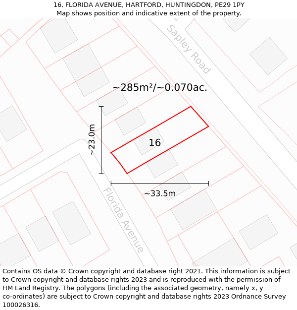 16, FLORIDA AVENUE, HARTFORD, HUNTINGDON, PE29 1PY: Plot and title map