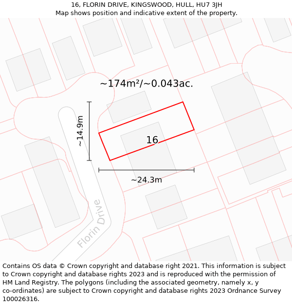 16, FLORIN DRIVE, KINGSWOOD, HULL, HU7 3JH: Plot and title map