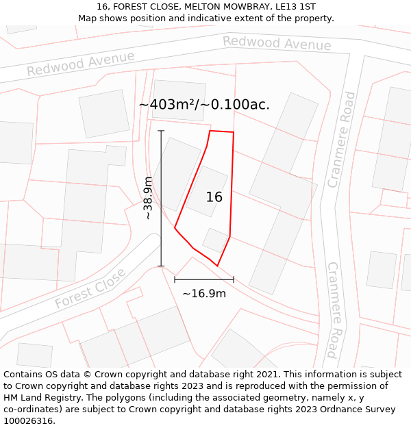 16, FOREST CLOSE, MELTON MOWBRAY, LE13 1ST: Plot and title map