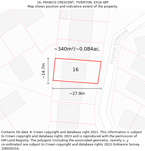 16, FRANCIS CRESCENT, TIVERTON, EX16 4EP: Plot and title map