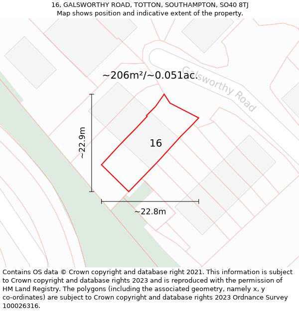 16, GALSWORTHY ROAD, TOTTON, SOUTHAMPTON, SO40 8TJ: Plot and title map