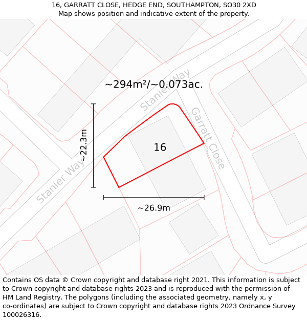 16, GARRATT CLOSE, HEDGE END, SOUTHAMPTON, SO30 2XD: Plot and title map