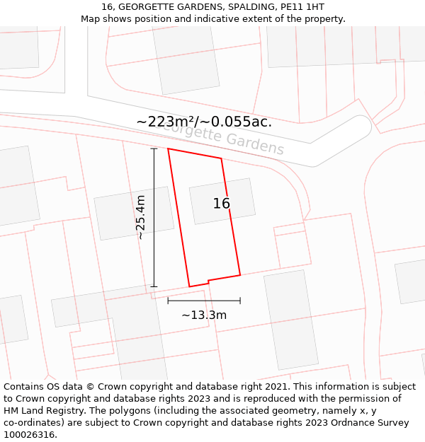 16, GEORGETTE GARDENS, SPALDING, PE11 1HT: Plot and title map