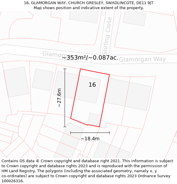 16, GLAMORGAN WAY, CHURCH GRESLEY, SWADLINCOTE, DE11 9JT: Plot and title map