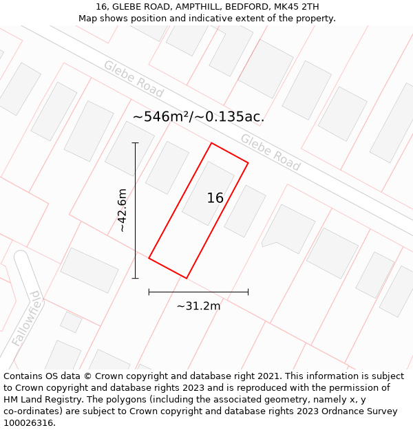 16, GLEBE ROAD, AMPTHILL, BEDFORD, MK45 2TH: Plot and title map