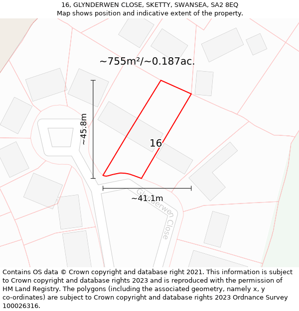 16, GLYNDERWEN CLOSE, SKETTY, SWANSEA, SA2 8EQ: Plot and title map