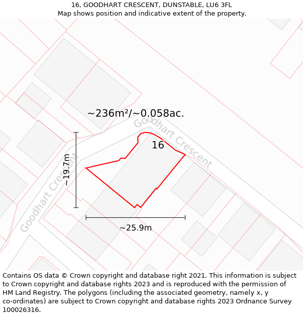 16, GOODHART CRESCENT, DUNSTABLE, LU6 3FL: Plot and title map