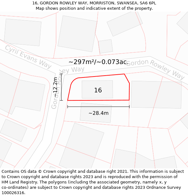 16, GORDON ROWLEY WAY, MORRISTON, SWANSEA, SA6 6PL: Plot and title map