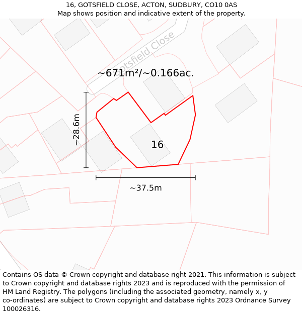 16, GOTSFIELD CLOSE, ACTON, SUDBURY, CO10 0AS: Plot and title map