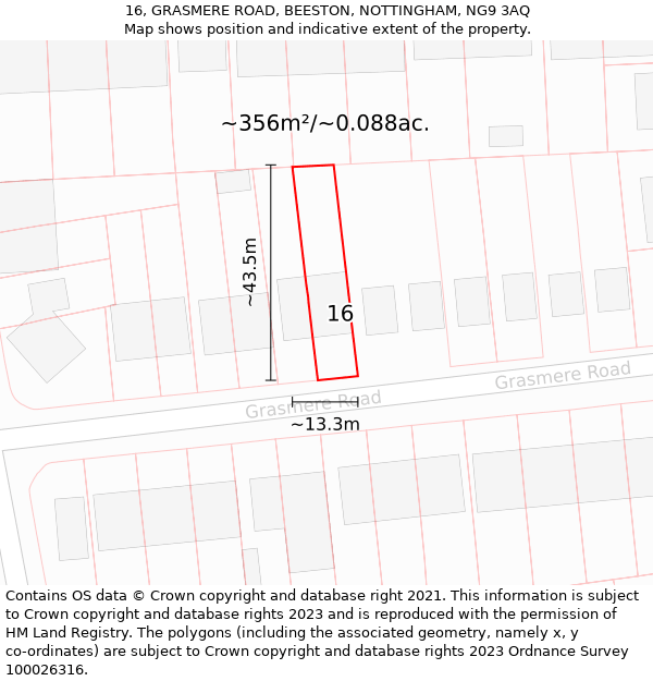 16, GRASMERE ROAD, BEESTON, NOTTINGHAM, NG9 3AQ: Plot and title map