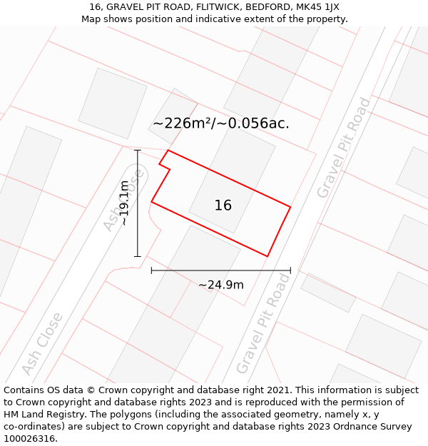 16, GRAVEL PIT ROAD, FLITWICK, BEDFORD, MK45 1JX: Plot and title map