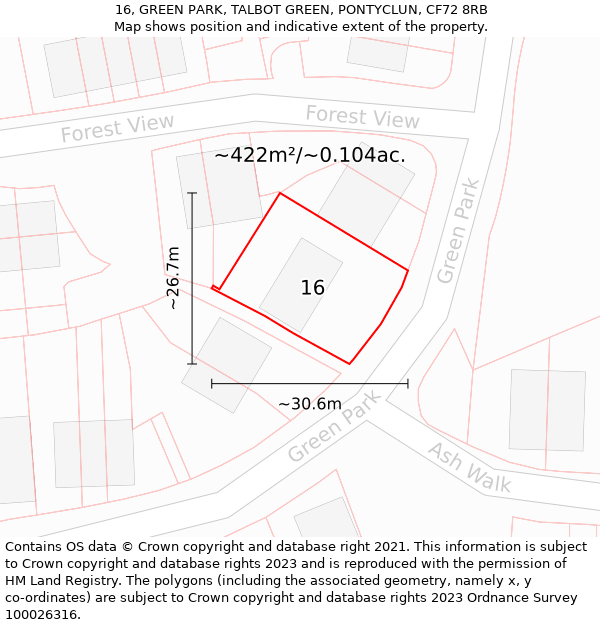 16, GREEN PARK, TALBOT GREEN, PONTYCLUN, CF72 8RB: Plot and title map