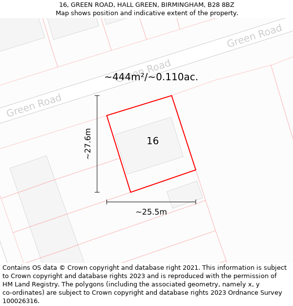 16, GREEN ROAD, HALL GREEN, BIRMINGHAM, B28 8BZ: Plot and title map