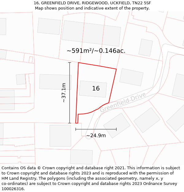 16, GREENFIELD DRIVE, RIDGEWOOD, UCKFIELD, TN22 5SF: Plot and title map