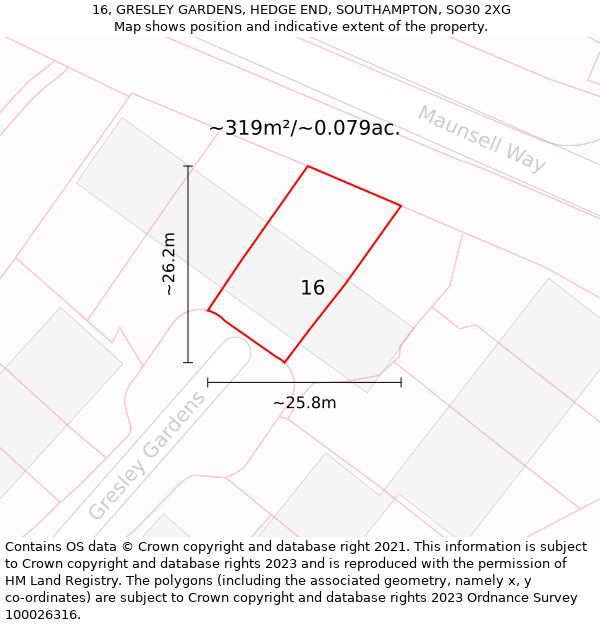 16, GRESLEY GARDENS, HEDGE END, SOUTHAMPTON, SO30 2XG: Plot and title map