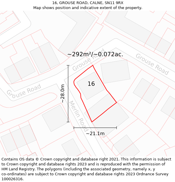 16, GROUSE ROAD, CALNE, SN11 9RX: Plot and title map