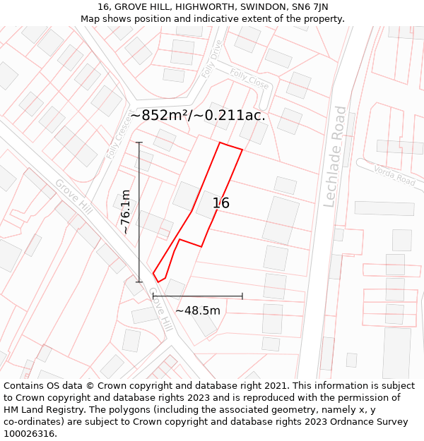 16, GROVE HILL, HIGHWORTH, SWINDON, SN6 7JN: Plot and title map