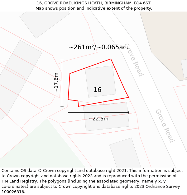 16, GROVE ROAD, KINGS HEATH, BIRMINGHAM, B14 6ST: Plot and title map