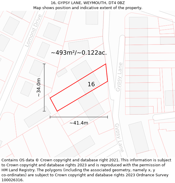 16, GYPSY LANE, WEYMOUTH, DT4 0BZ: Plot and title map