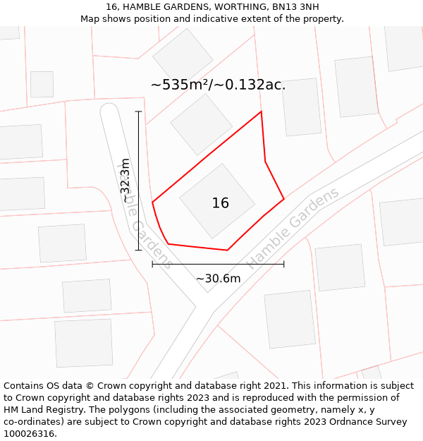 16, HAMBLE GARDENS, WORTHING, BN13 3NH: Plot and title map